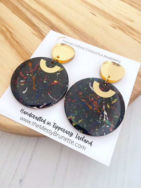 Black Splatter Dangle Earrings | Large & Small Sizes