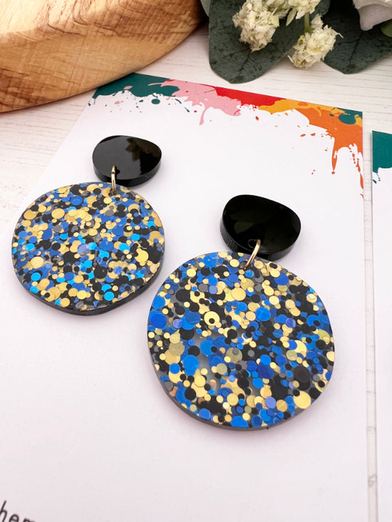 Disco Confetti Earrings in Blue, Black and Gold