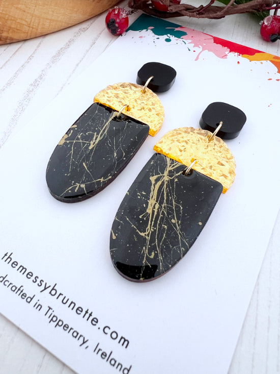 Long Drop Black and Gold Splash Earrings