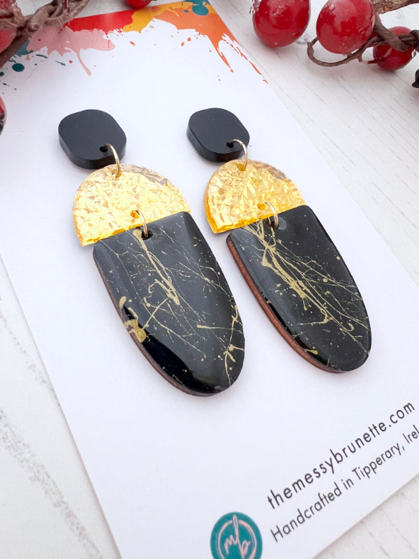 Long Drop Black and Gold Splash Earrings