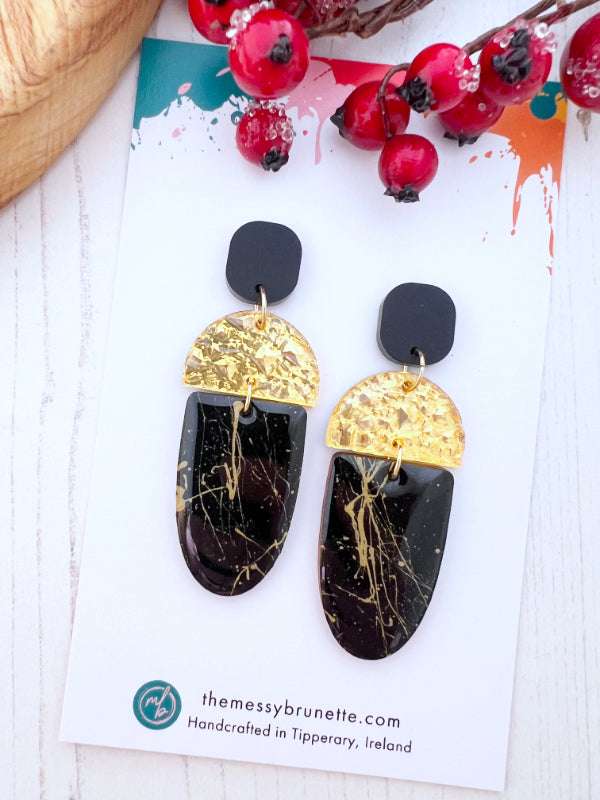 Long Drop Black and Gold Splash Earrings