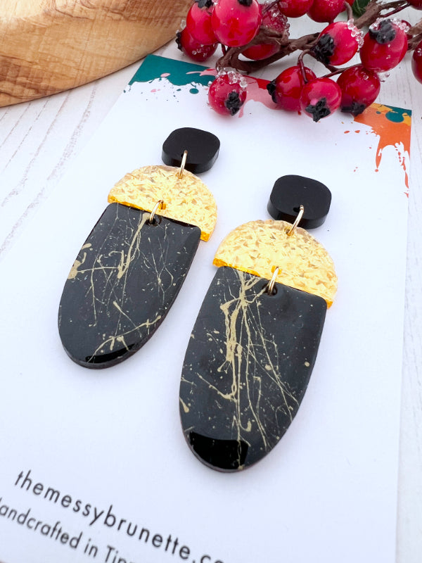 Long Drop Black and Gold Splash Earrings