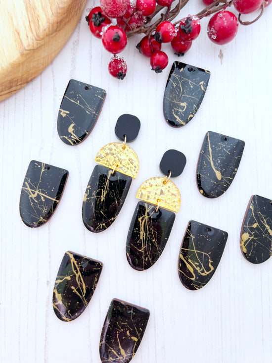 Long Drop Black and Gold Splash Earrings