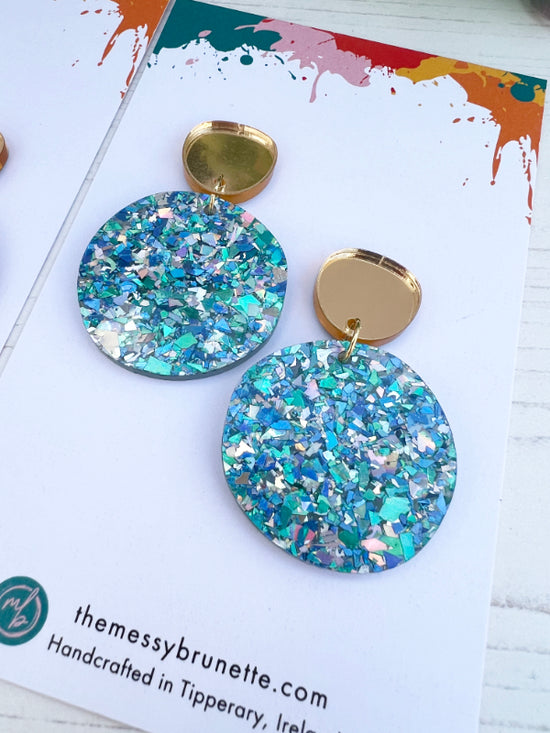 Sparkly Disco Dot Earrings | Blue and Green Shards