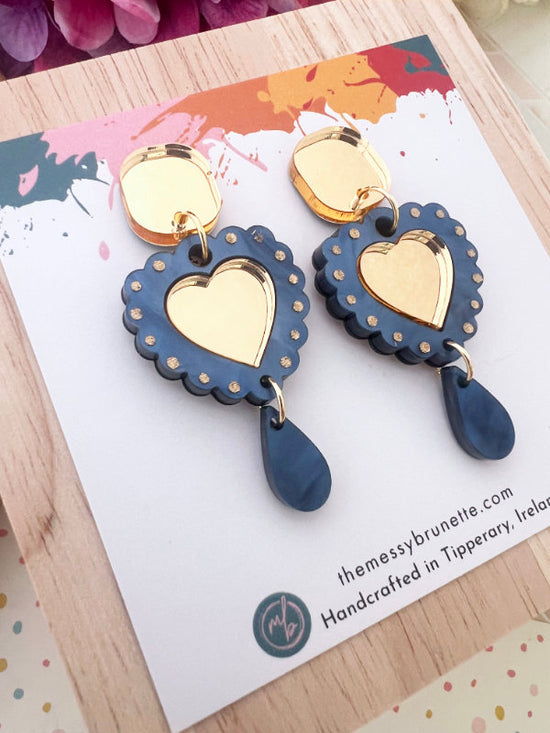 Heart Shaped Earrings in Navy Blue and Hot Pink