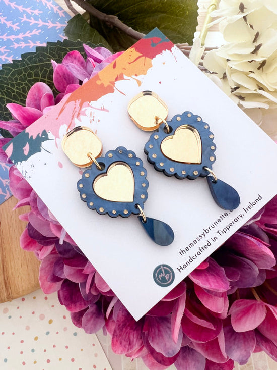 Heart Shaped Earrings in Navy Blue and Hot Pink