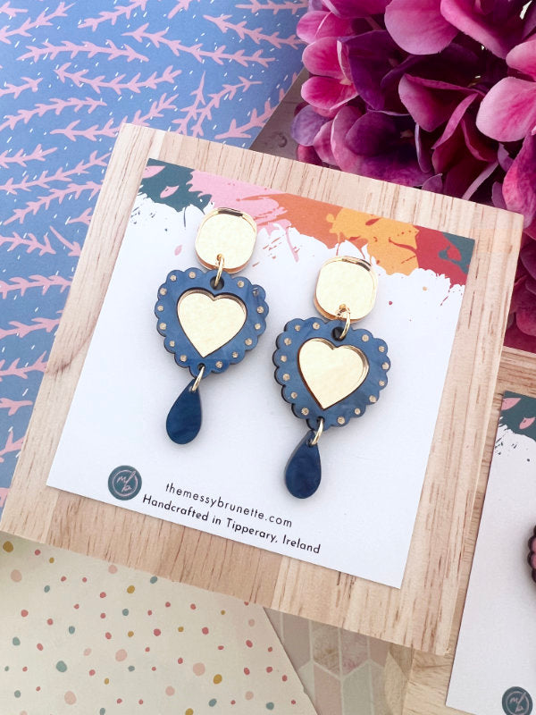 Heart Shaped Earrings in Navy Blue and Hot Pink