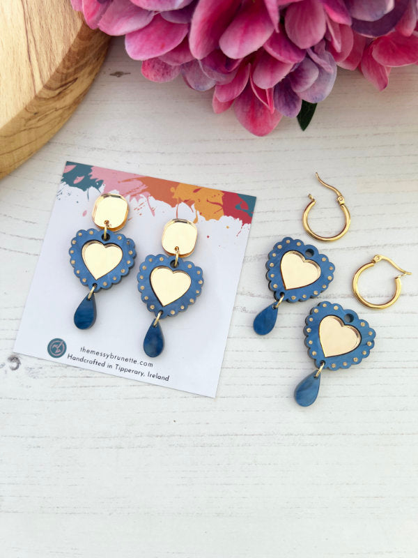 Heart Shaped Earrings in Navy Blue and Hot Pink