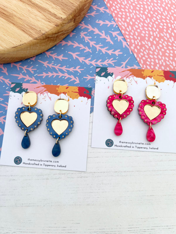 Heart Shaped Earrings in Navy Blue and Hot Pink