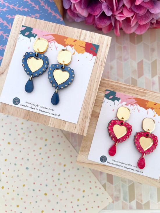 Heart Shaped Earrings in Navy Blue and Hot Pink