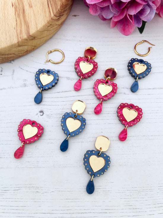 Heart Shaped Earrings in Navy Blue and Hot Pink