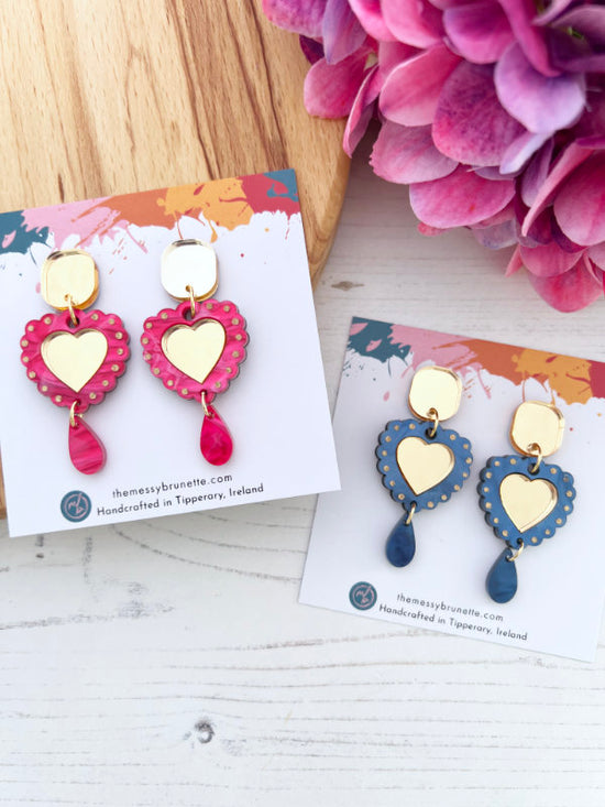 Heart Shaped Earrings in Navy Blue and Hot Pink