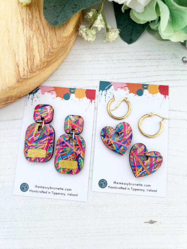 Multi Coloured Criss Cross Stripe Earrings in 2 Styles | Hearts and Bars