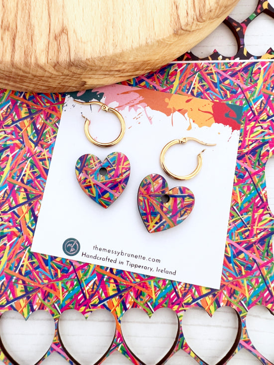 Multi Coloured Criss Cross Stripe Earrings in 2 Styles | Hearts and Bars