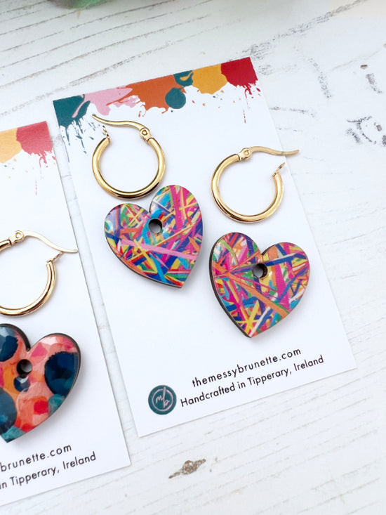 Multi Coloured Criss Cross Stripe Earrings in 2 Styles | Hearts and Bars