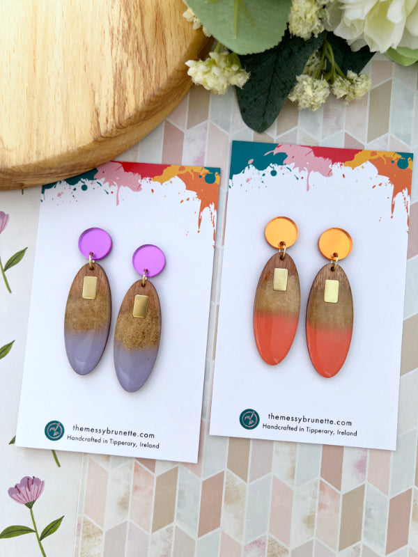 Long Oval Candy Drop Earrings in Coral and Lavender