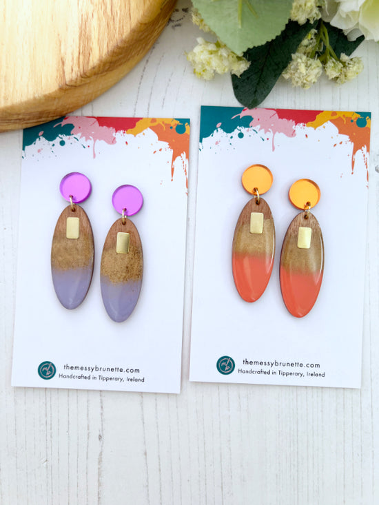 Long Oval Candy Drop Earrings in Coral and Lavender