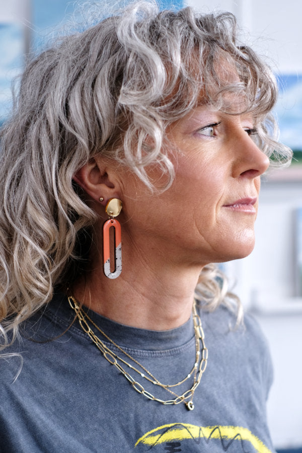 Long Oval Dangle Earrings in Coral, Green and Heather