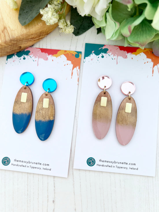 Long Oval Candy Drop Earrings in Blue and Dusty Pink