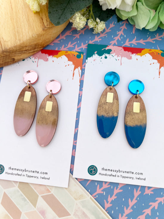 Long Oval Candy Drop Earrings in Blue and Dusty Pink