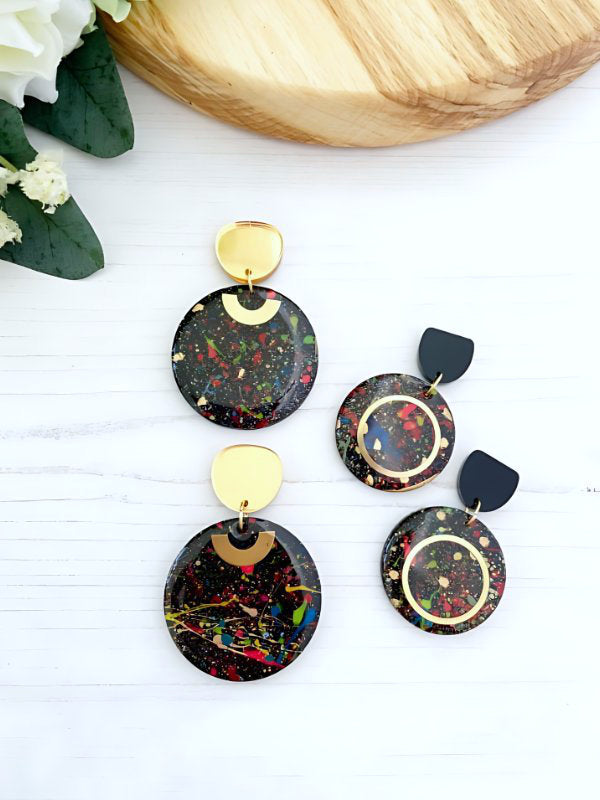 Black Splatter Dangle Earrings | Large & Small Sizes