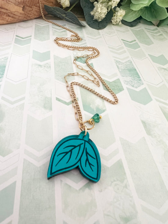 Leaf Necklace in Green & Pink