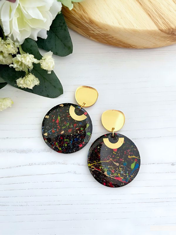 Black Splatter Dangle Earrings | Large & Small Sizes