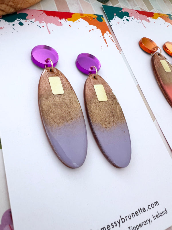 Long Oval Candy Drop Earrings in Coral and Lavender