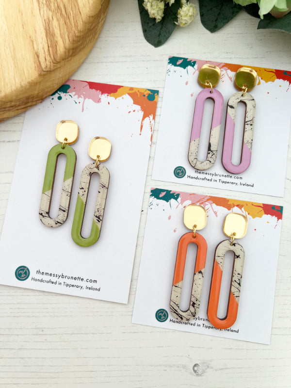 Long Oval Dangle Earrings in Coral, Green and Heather