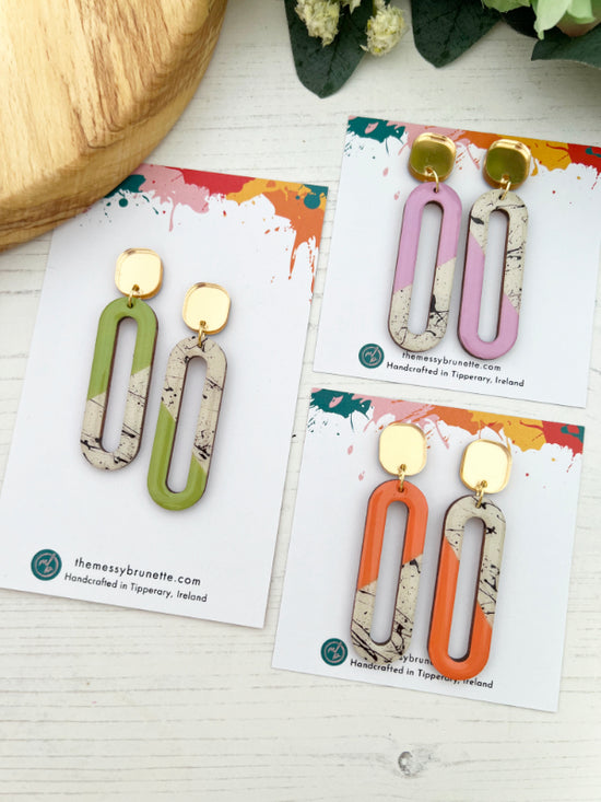 Long Oval Dangle Earrings in Coral, Green and Heather