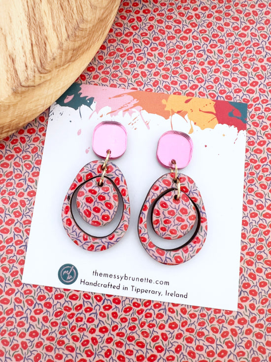 Red and Pink Layered Circle Flower Earrings