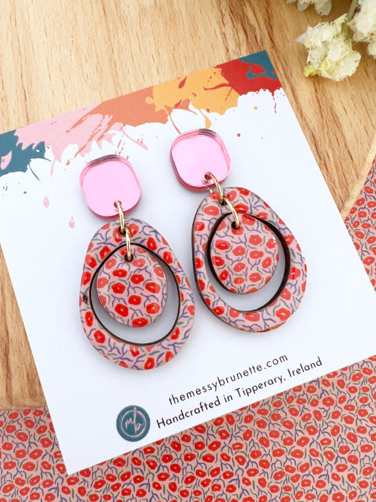 Red and Pink Layered Circle Flower Earrings