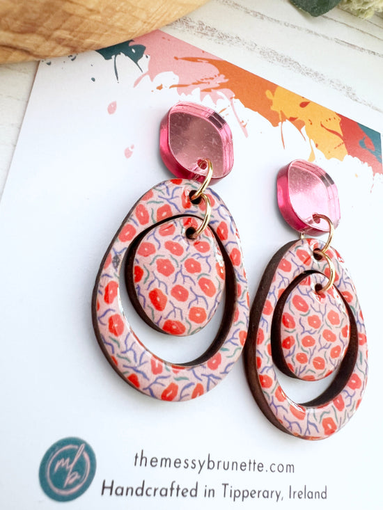 Red and Pink Layered Circle Flower Earrings