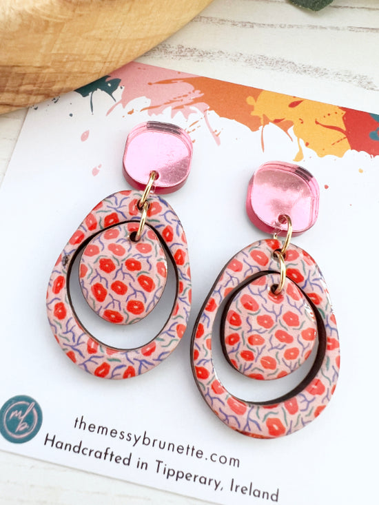 Red and Pink Layered Circle Flower Earrings