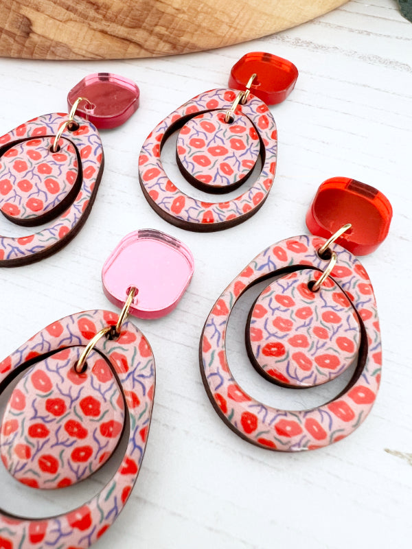 Red and Pink Layered Circle Flower Earrings