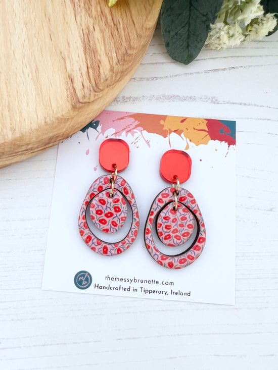 Red and Pink Layered Circle Flower Earrings