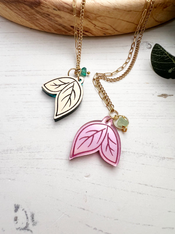 Leaf Necklace in Green & Pink