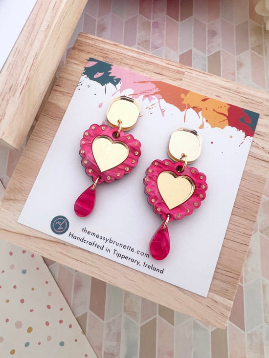 Heart Shaped Earrings in Navy Blue and Hot Pink