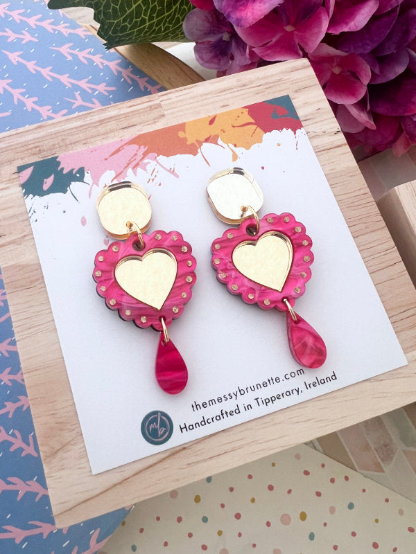 Heart Shaped Earrings in Navy Blue and Hot Pink