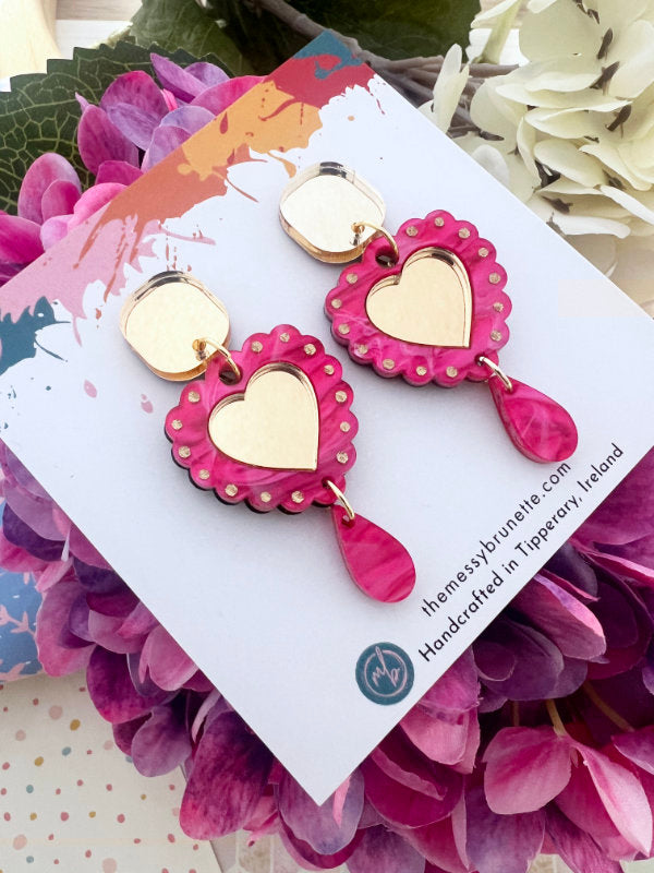 Heart Shaped Earrings in Navy Blue and Hot Pink