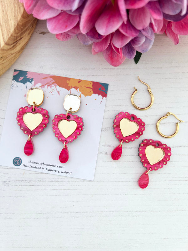 Heart Shaped Earrings in Navy Blue and Hot Pink