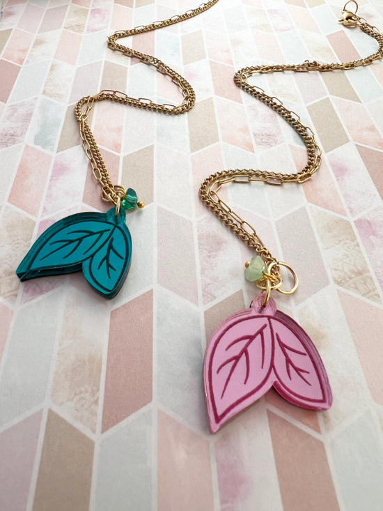 Leaf Necklace in Green & Pink