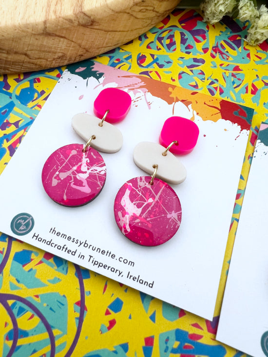 Colourful Berry Pinks + Red Splatter Pebble Drop Earrings | 2 Styles