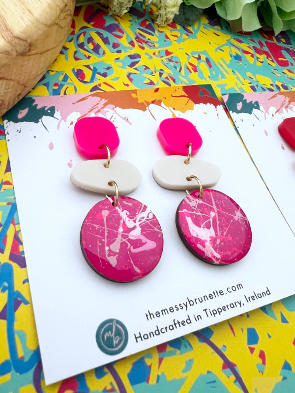 Colourful Berry Pinks + Red Splatter Pebble Drop Earrings | 2 Styles