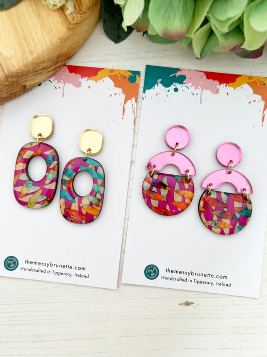 Multi Coloured Pink Statement Earrings in 2 Styles