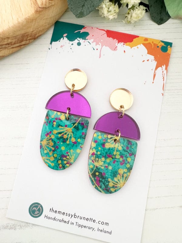 Abstract Flower Earrings in Green, Gold & Purple Earrings The Messy Brunette