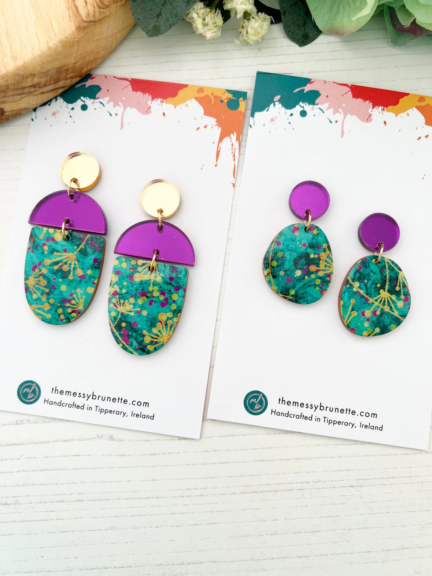 Abstract Flower Earrings in Green, Gold & Purple Earrings The Messy Brunette