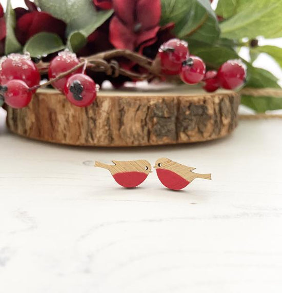 Eco Friendly Wooden Robin Stud Earrings