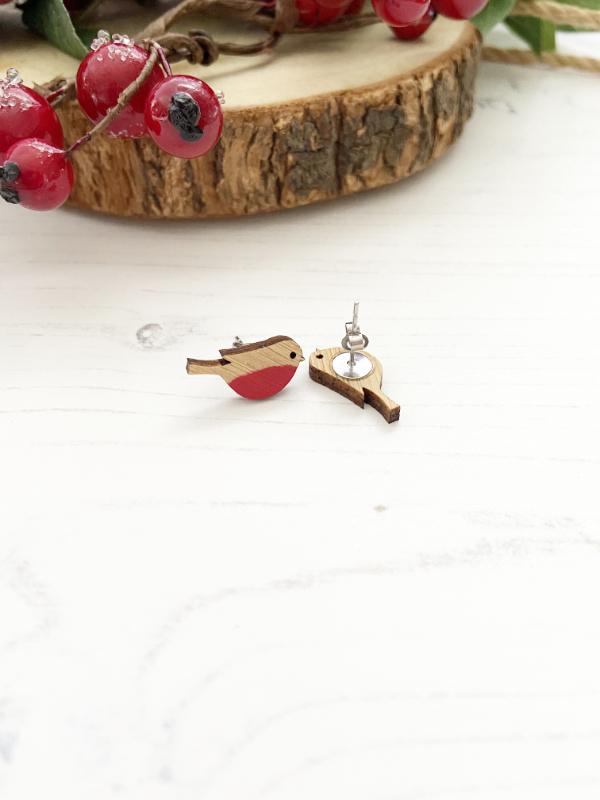 Eco Friendly Wooden Robin Stud Earrings