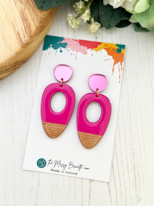 Large Oval Wood Earrings in Red, Pink, Blue & Mustard Earrings Fuschia Pink The Messy Brunette